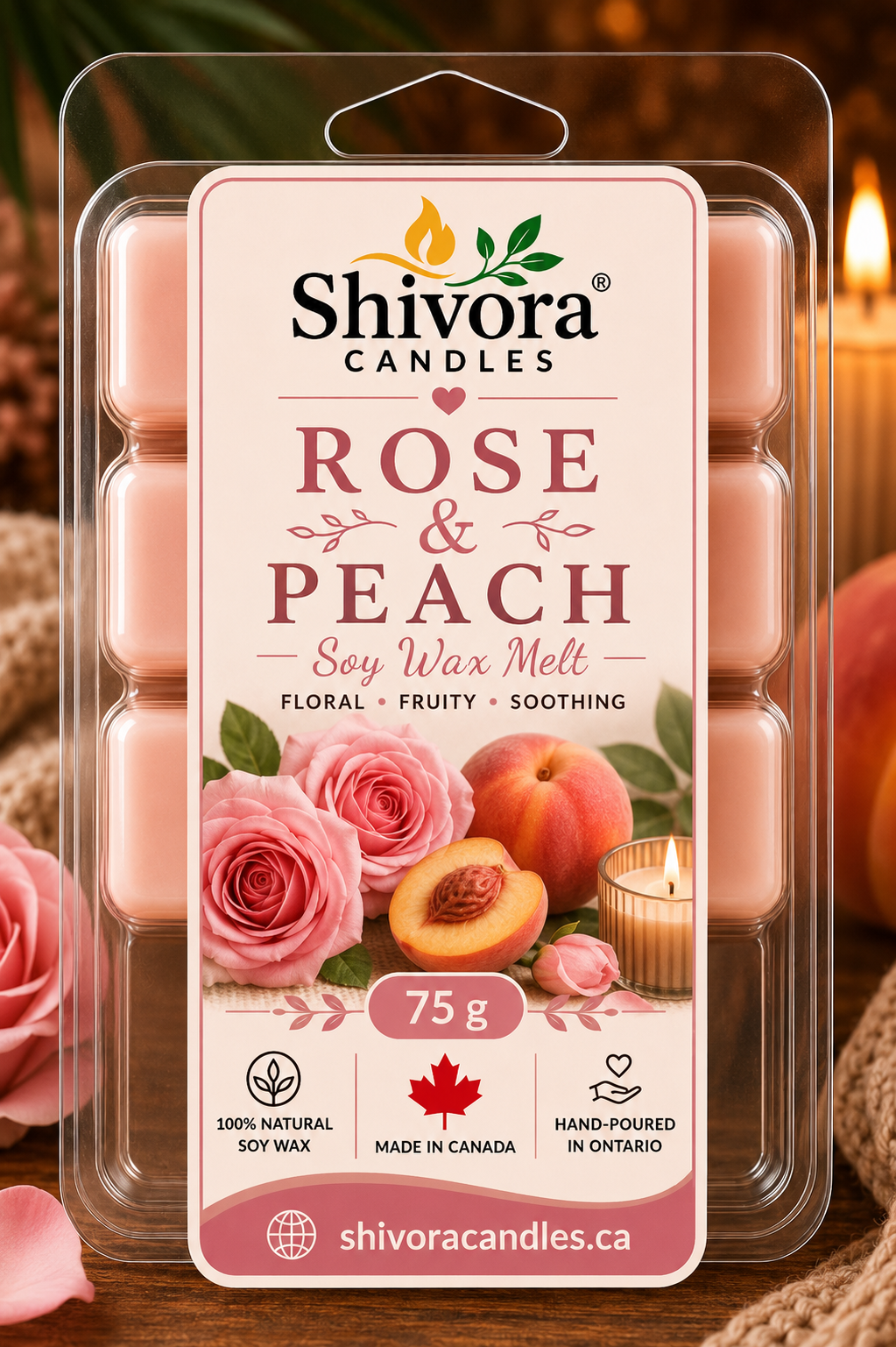 Rose & Peach Soy Wax Melt by Shivora Candles – Hand-Poured Natural Soy Wax Melts Made in Canada